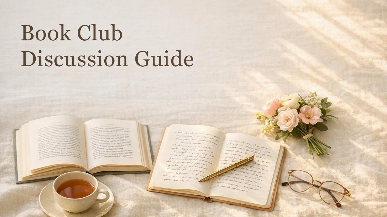 Book club discussion guide with open books, a cup of tea, a pair of glasses, a gold pen, and a small bouquet of flowers on a light fabric surface.