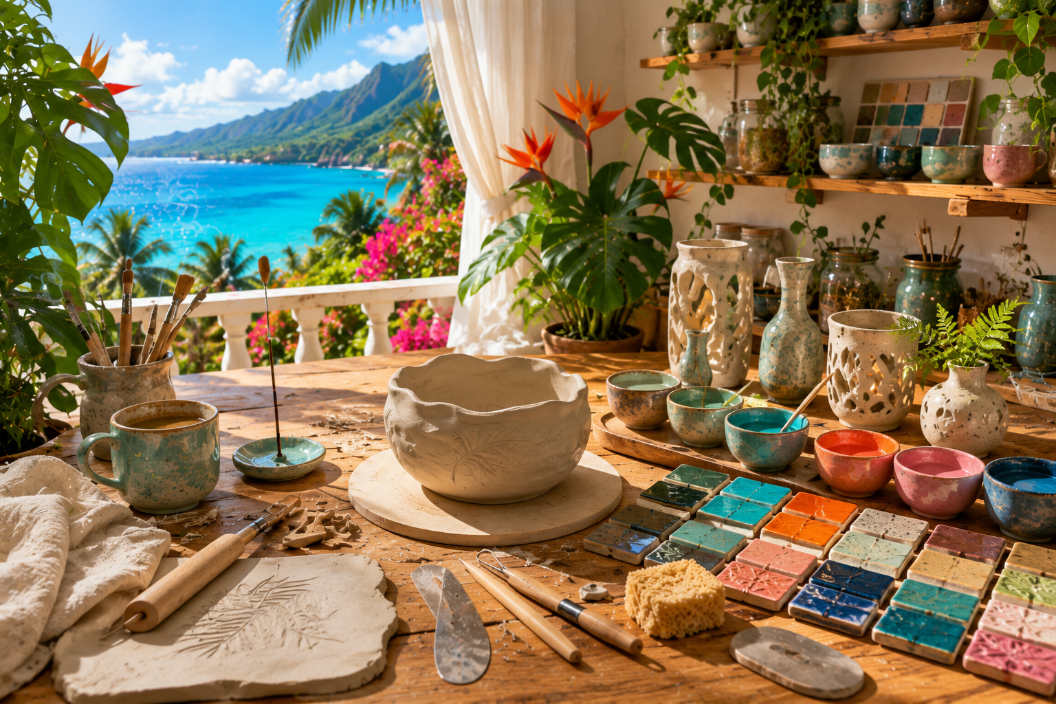 Pottery studio workspace with various ceramic bowls, vases, and tiles, overlooking a tropical beach and lush mountains.
