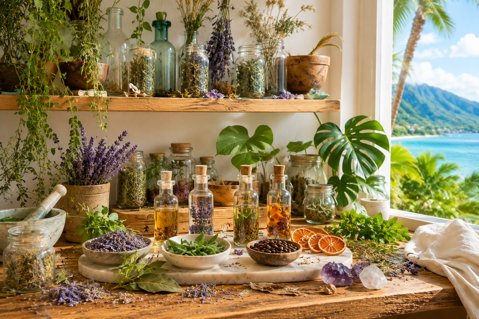 Organic herbs, dried flowers, and citrus slices arranged on a wooden table near a window with a view of a tropical landscape, featuring palm trees and mountains.