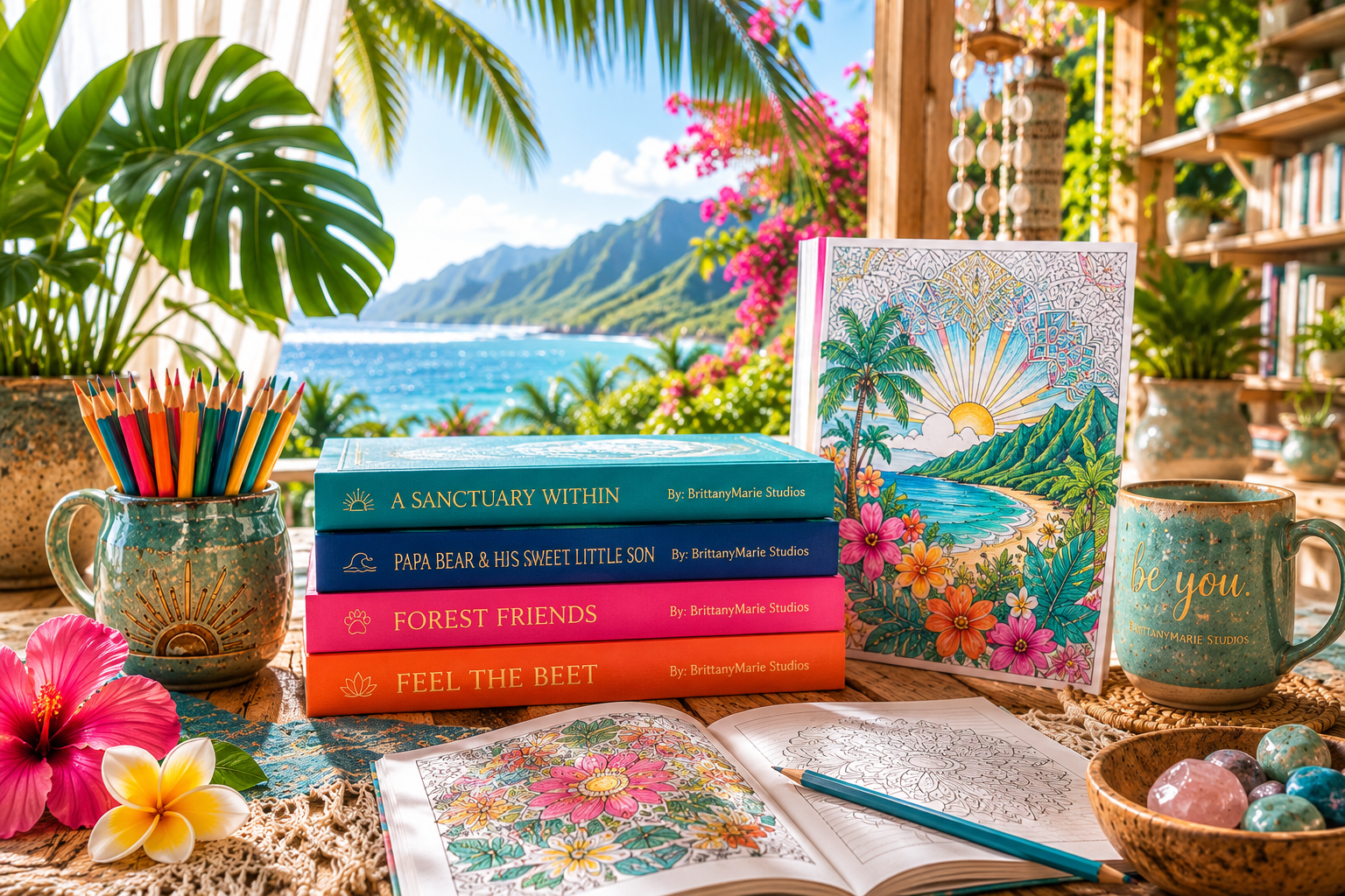 Coloring books, colored pencils, coffee mug, and tropical scenery seen through a window in a cozy, tropical-inspired room.