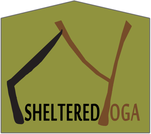 Logo with a stylized black arm and brown tree branch, and the text 'Sheltered Yoga'