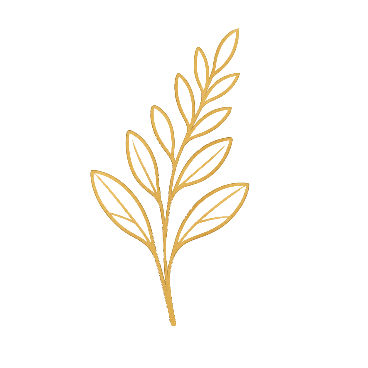 Gold-colored decorative leaf design with a stem and multiple elongated leaves on a black background.
