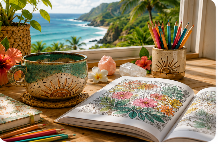 A seaside scene viewed from a window with a desk in the foreground. The desk has a large cup of tea or coffee, an open coloring book with floral designs being colored, a container of colored pencils, and decorative items including flowers, crystals, and a Himalayan salt lamp. There are additional colored pencils and a closed journal on the desk. The background shows a lush green coastline, ocean waves, and mountains under a partly cloudy sky.