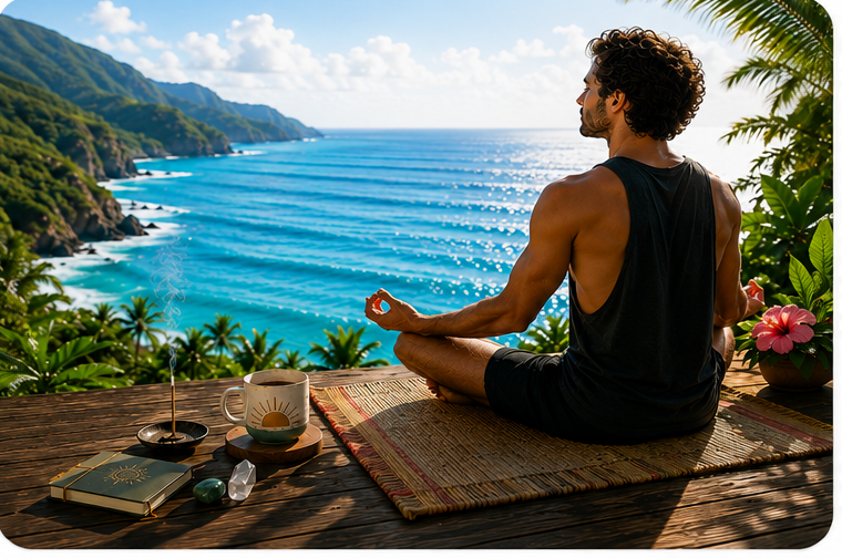 Man practicing yoga on a wooden deck overlooking the ocean with lush green mountains, palm trees, and pink flowers nearby.