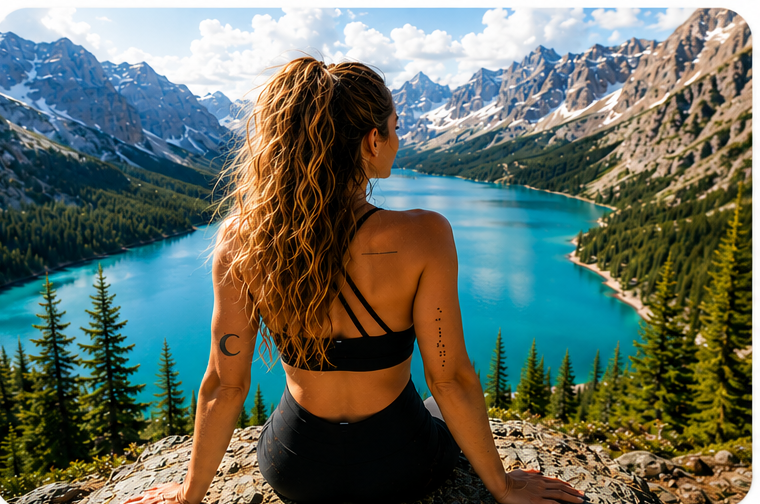 A woman with long curly hair sitting on a rock overlooking a mountain lake surrounded by pine trees and snow-capped peaks.