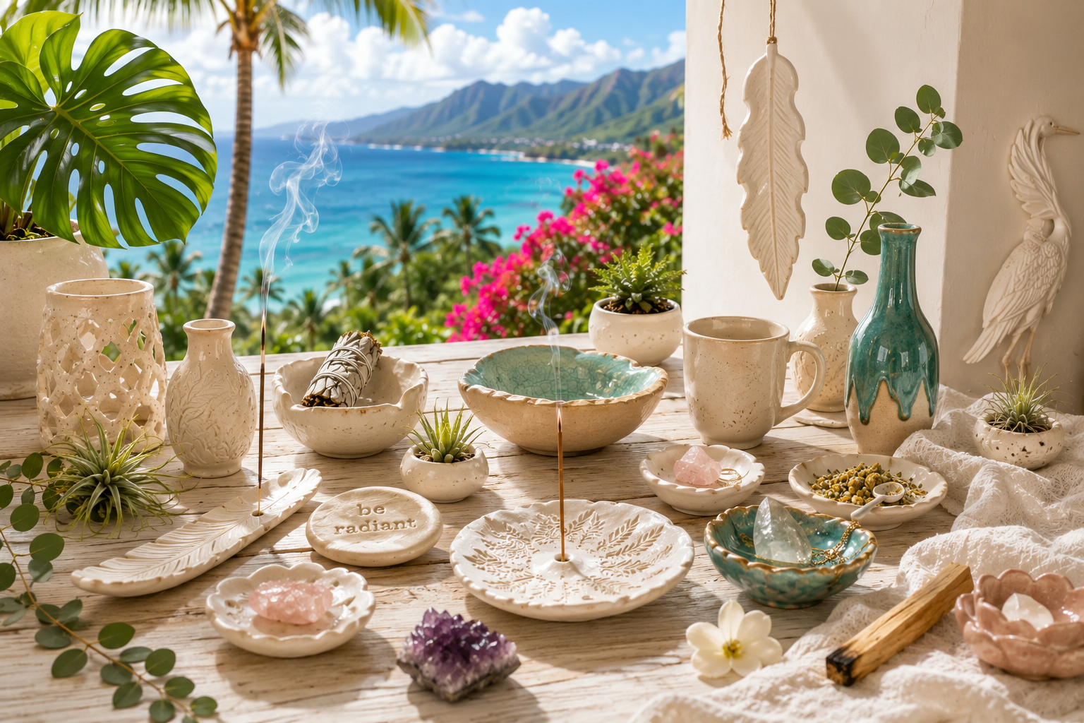 A table with white and turquoise ceramics, small plants, crystals, and incense, set against a backdrop of a tropical landscape with blue ocean, green palm trees, and mountains under a partly cloudy sky.
