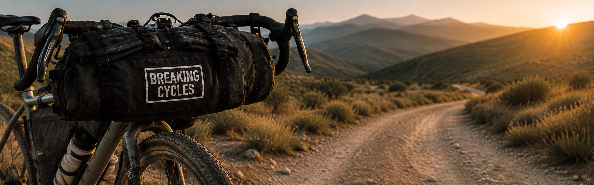 A mountain bike with a black bag labeled 'BREAKING CYCLES' attached to the handlebars, on a dirt trail in a mountainous desert landscape during sunset.