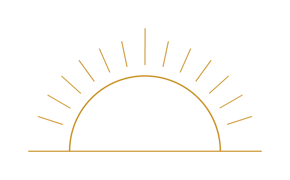 Illustration of a sunrise or sunset with a semi-circle sun and rays emanating from it.
