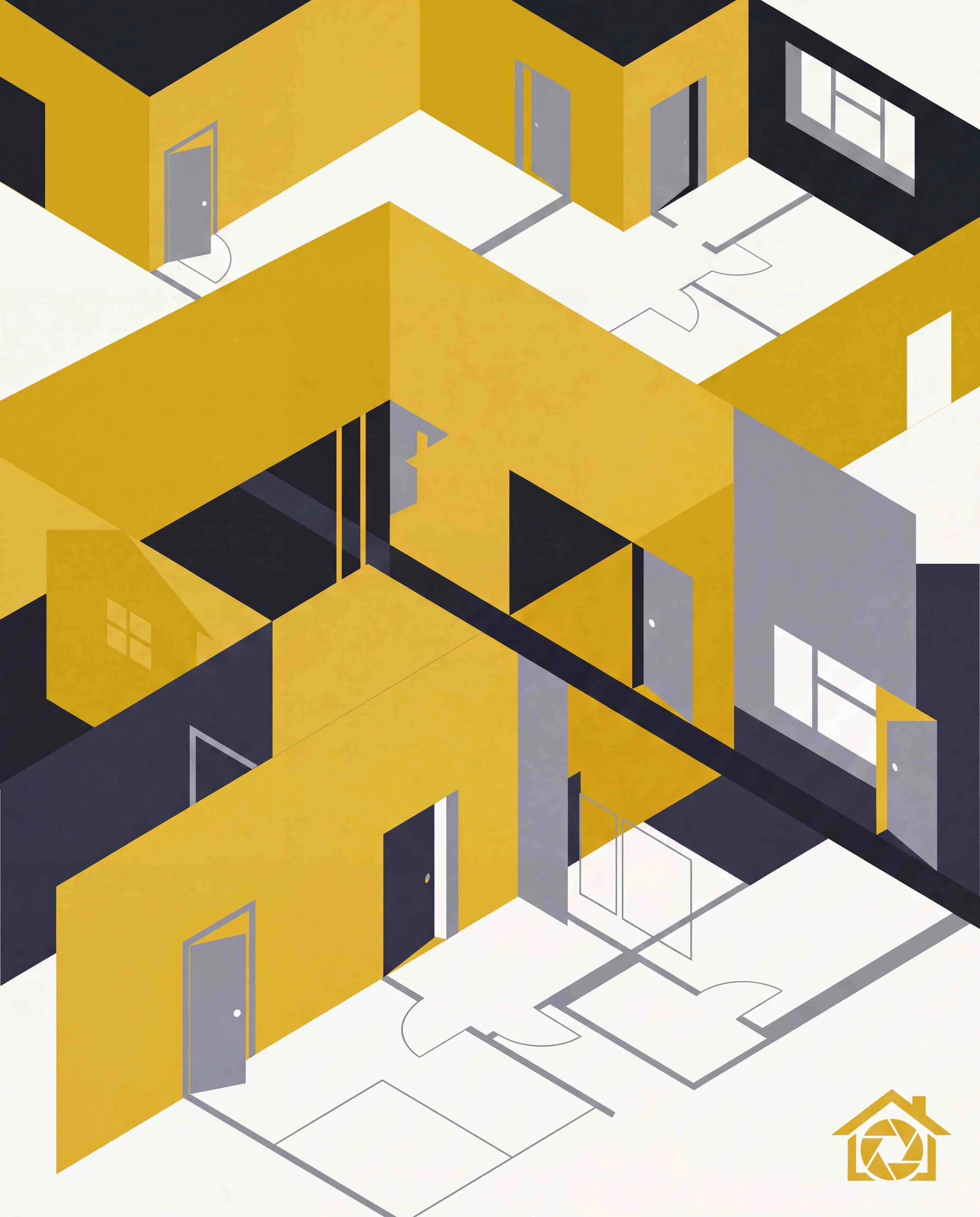 Isometric illustration of an apartment interior with yellow and black walls, featuring multiple doors and windows, a white floor plan with black outlines, and a house icon with a camera aperture symbol in the bottom right corner.