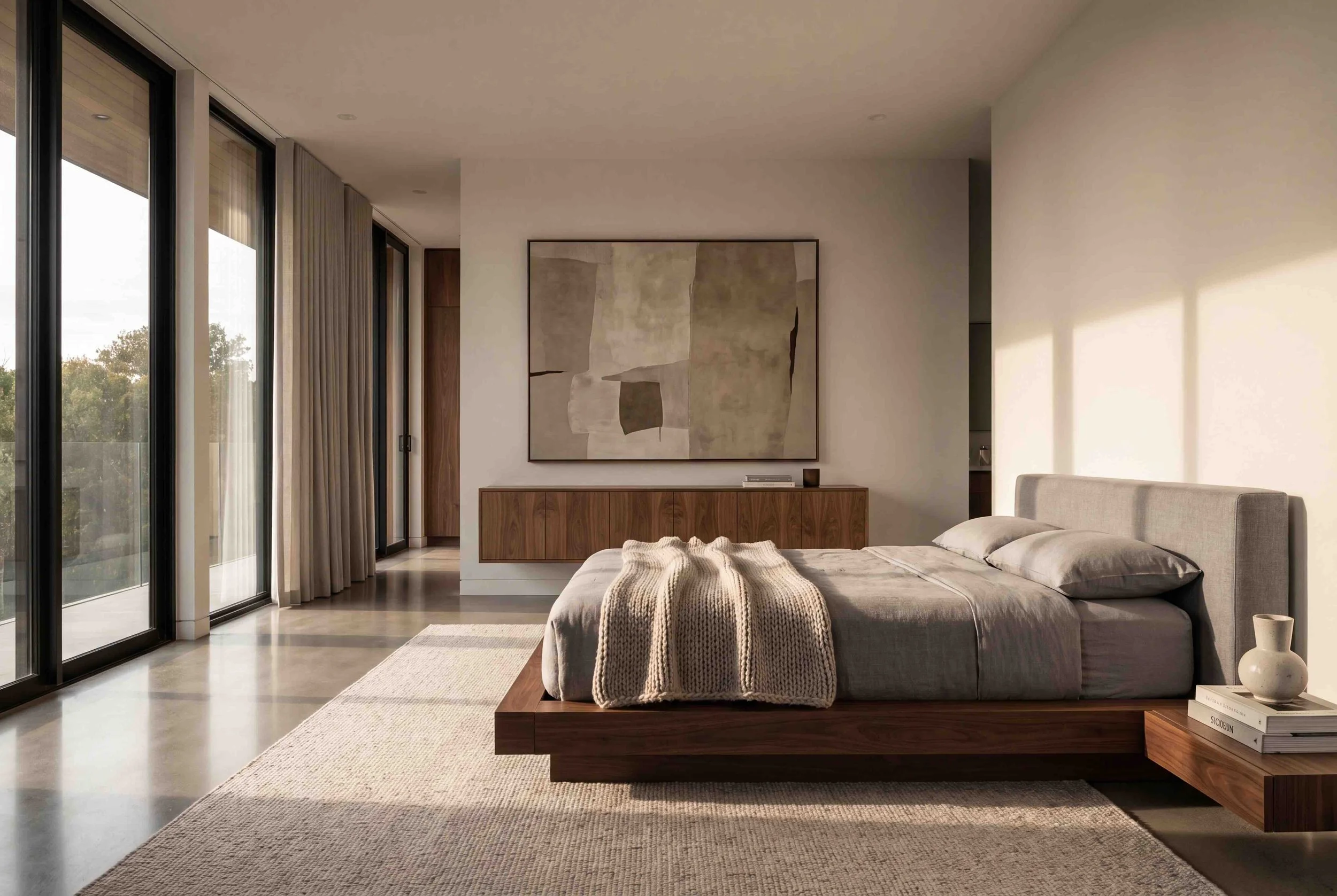 A modern bedroom with a bed, abstract art on the wall, floor-to-ceiling windows with curtains, and a wooden side table with books and decorative objects.