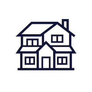 Line drawing of a two-story house with windows, a front porch, and a chimney.