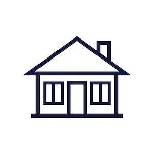 Simple line drawing of a house with a chimney, two windows, and a central door