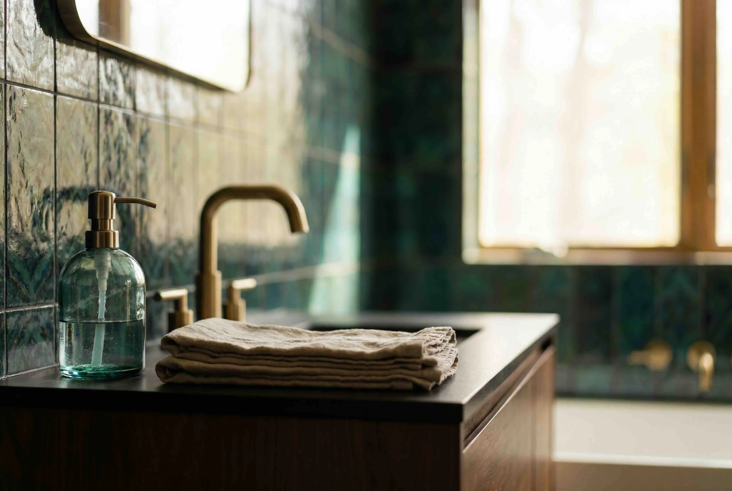 Close-up of a bathroom sink with a glass soap dispenser and a neatly folded beige towel on a dark wooden countertop, with a textured tile wall and a window in the background.