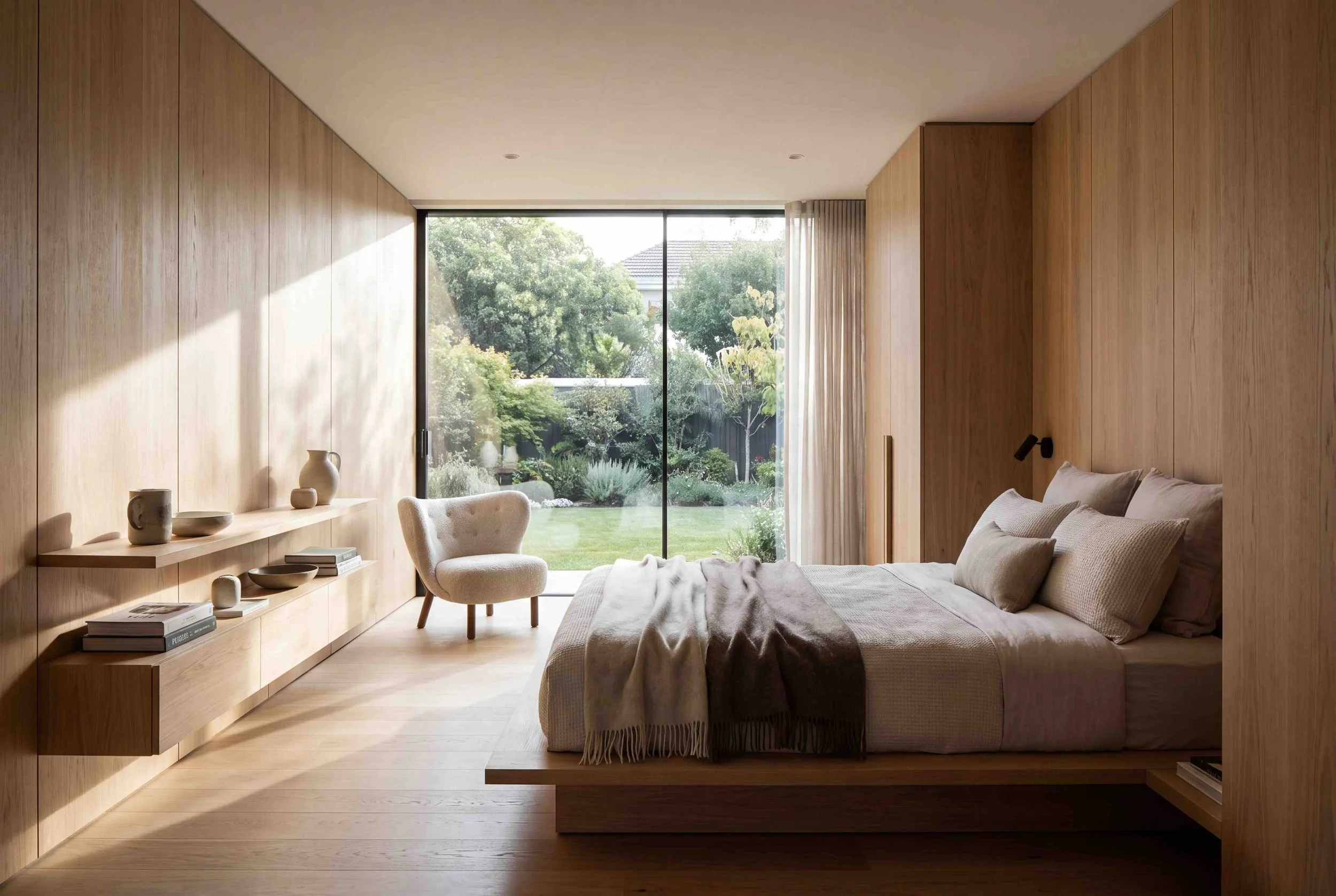 Modern bedroom with wooden wall panels, a large window with view of trees, a bed with beige bedding, a cozy armchair, and decorative pottery on a floating shelf.
