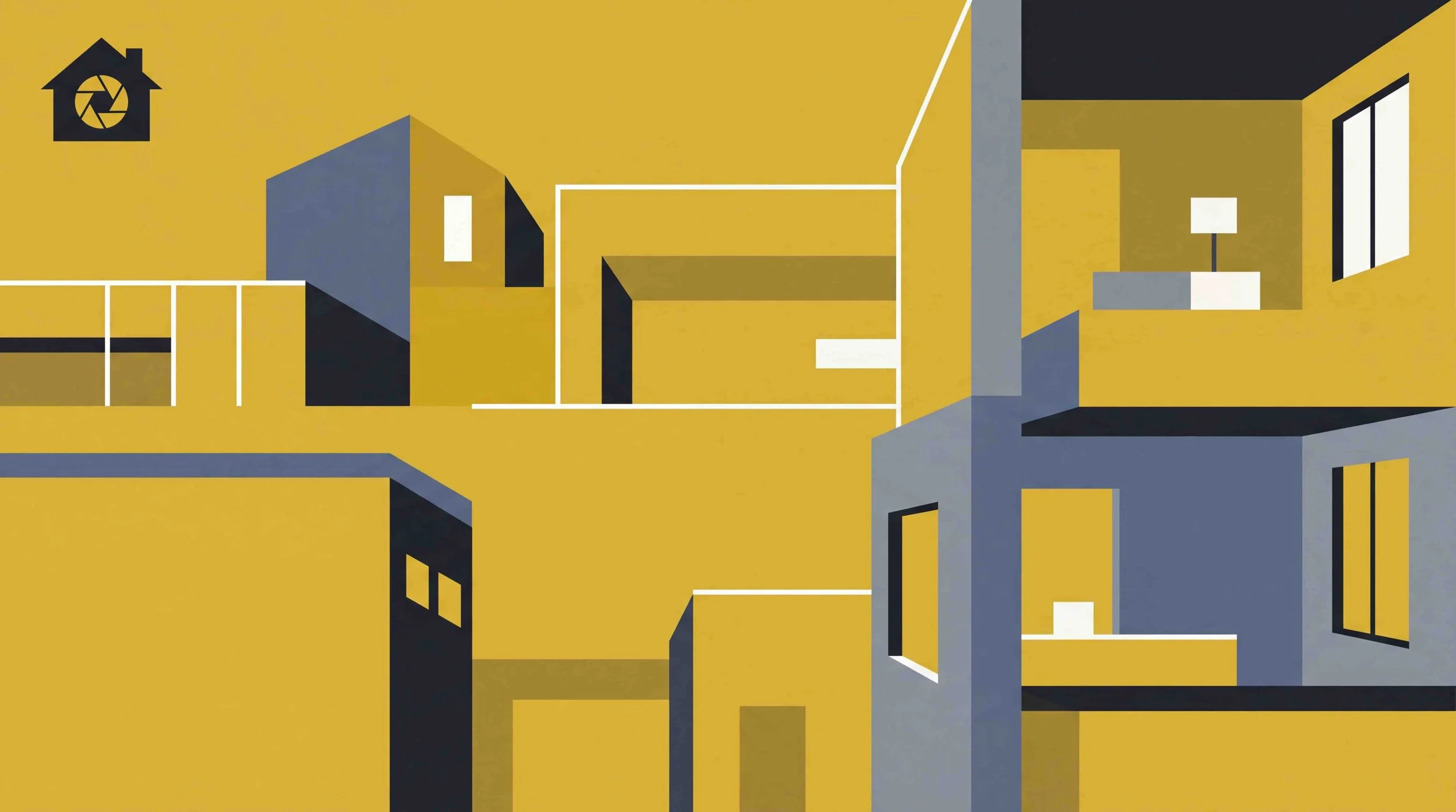 A geometric, abstract depiction of a cityscape with yellow, gray, and black buildings, plus a small house with a chimney on the top left and a window on the right.
