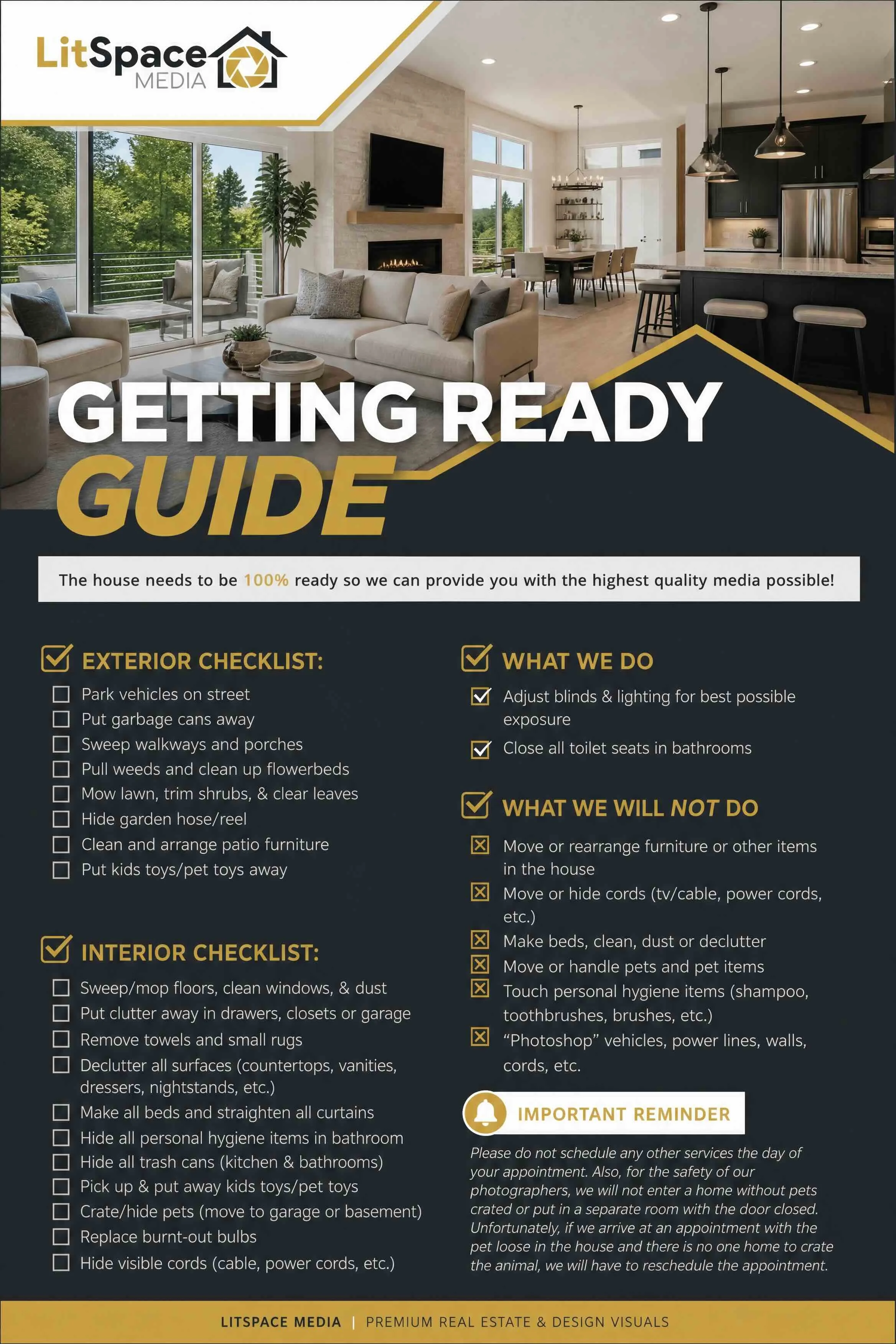 Closing checklist for house preparation, including tasks for exterior, interior, and general home organization, and a reminder not to schedule other services on the day of the appointment.
