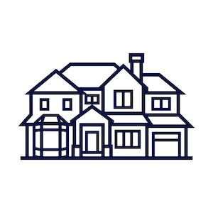 Line drawing of a large two-story house with multiple gabled roofs, a chimney, and several windows and doors.