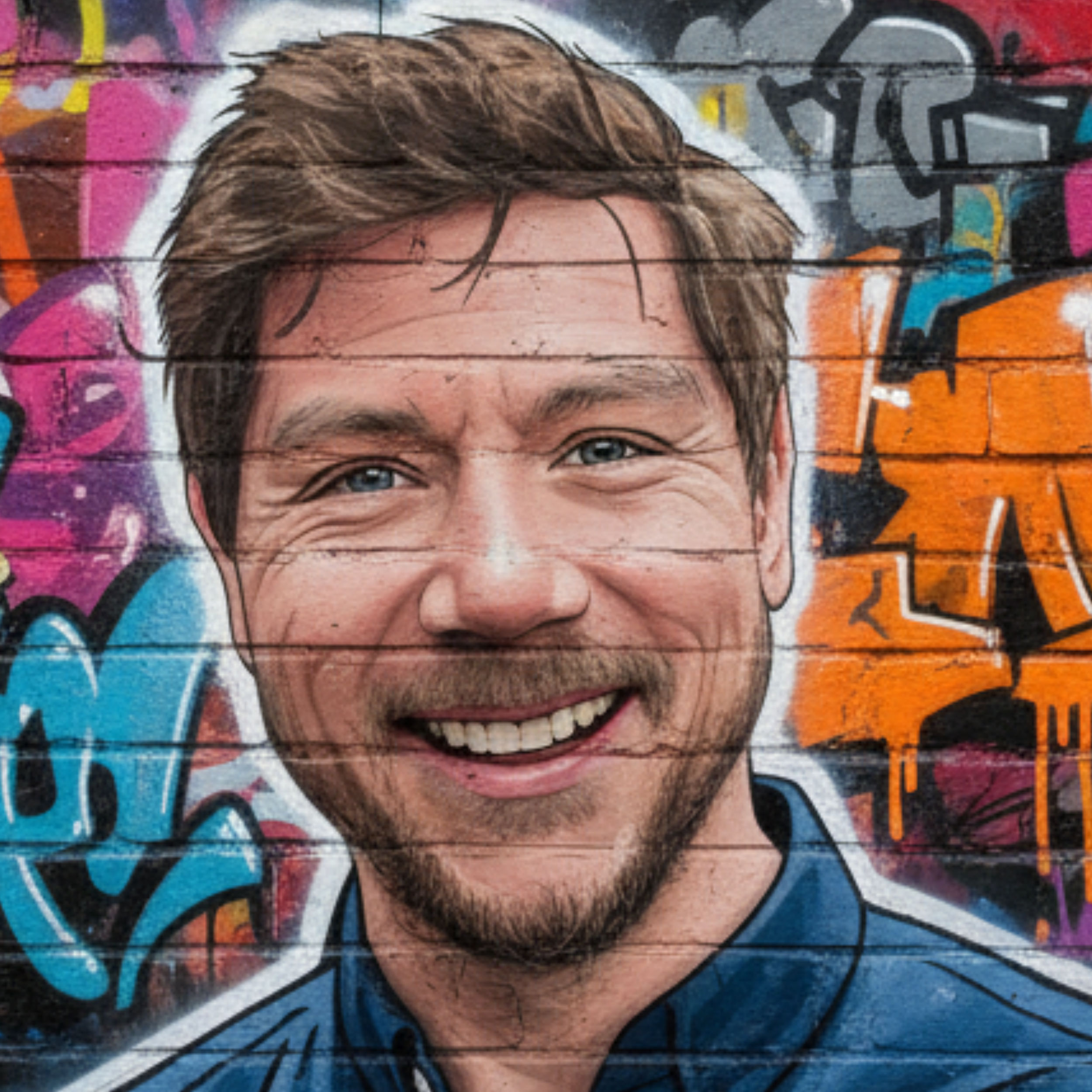 Graffiti art of a smiling young man with short brown hair and blue eyes, painted on a brick wall with vibrant colors and abstract patterns in the background.