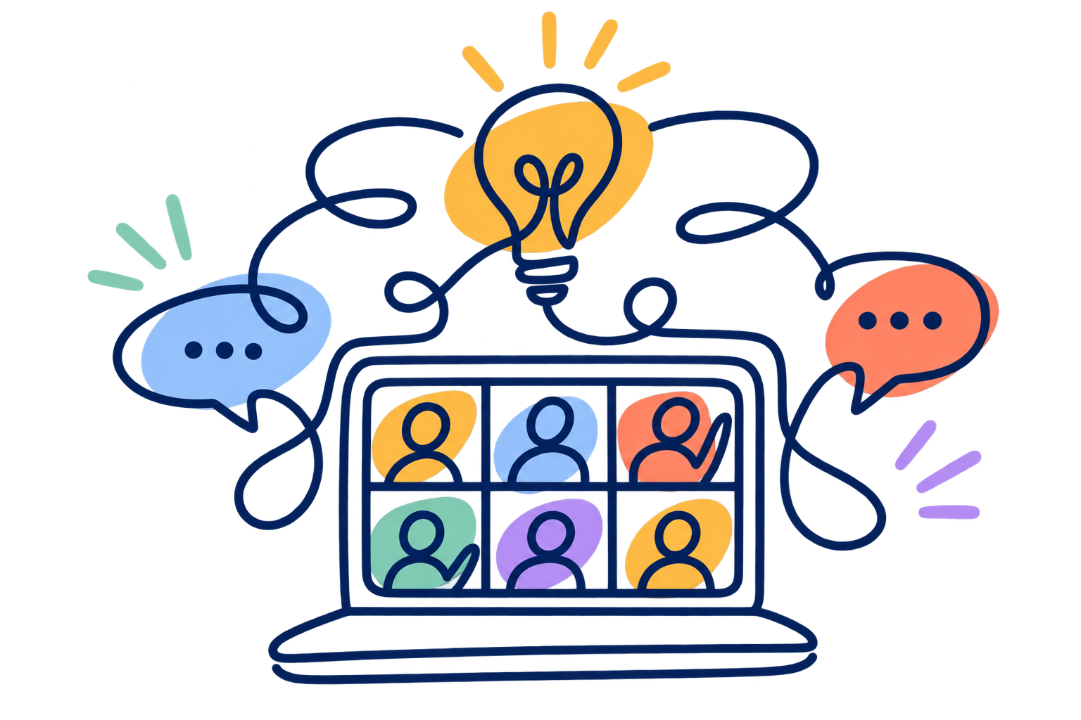 Digital illustration of a virtual meeting with six people on a computer screen, surrounded by speech bubbles, a lightbulb indicating ideas, and colorful accents.