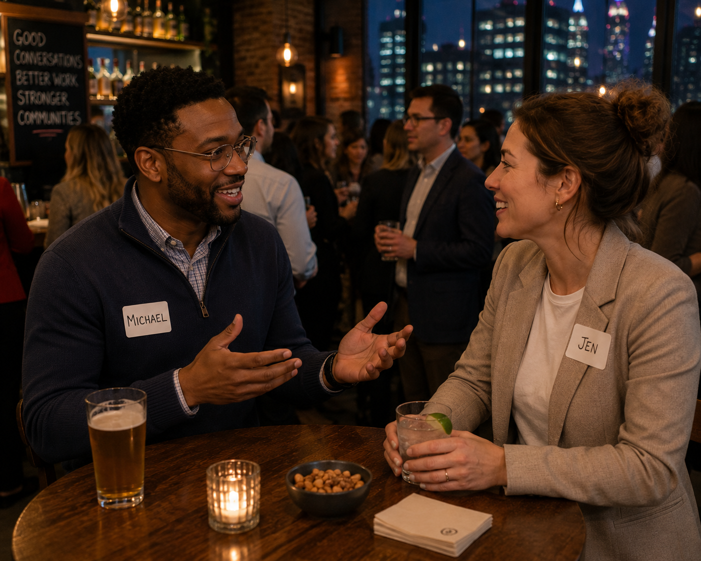 A man and a woman are sitting at a table, engaged in conversation at a social event or networking event in a dimly lit bar or restaurant. The man, named Michael, is speaking and gesturing with his hands, while the woman, named Jen, listens and smiles. There are drinks on the table, and other people are socializing in the background.