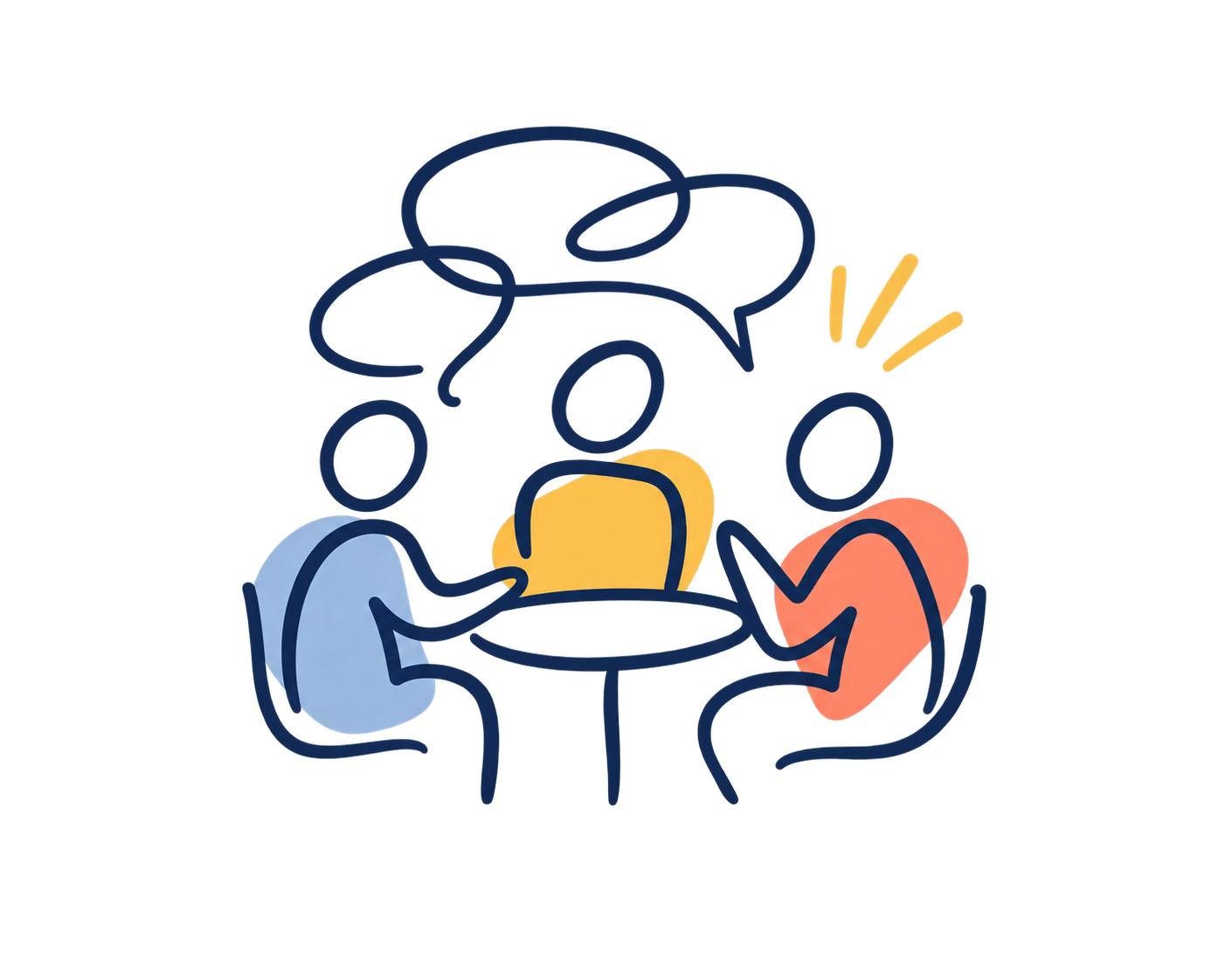Illustration of three people sitting around a table engaged in a discussion, with speech bubbles above their heads.