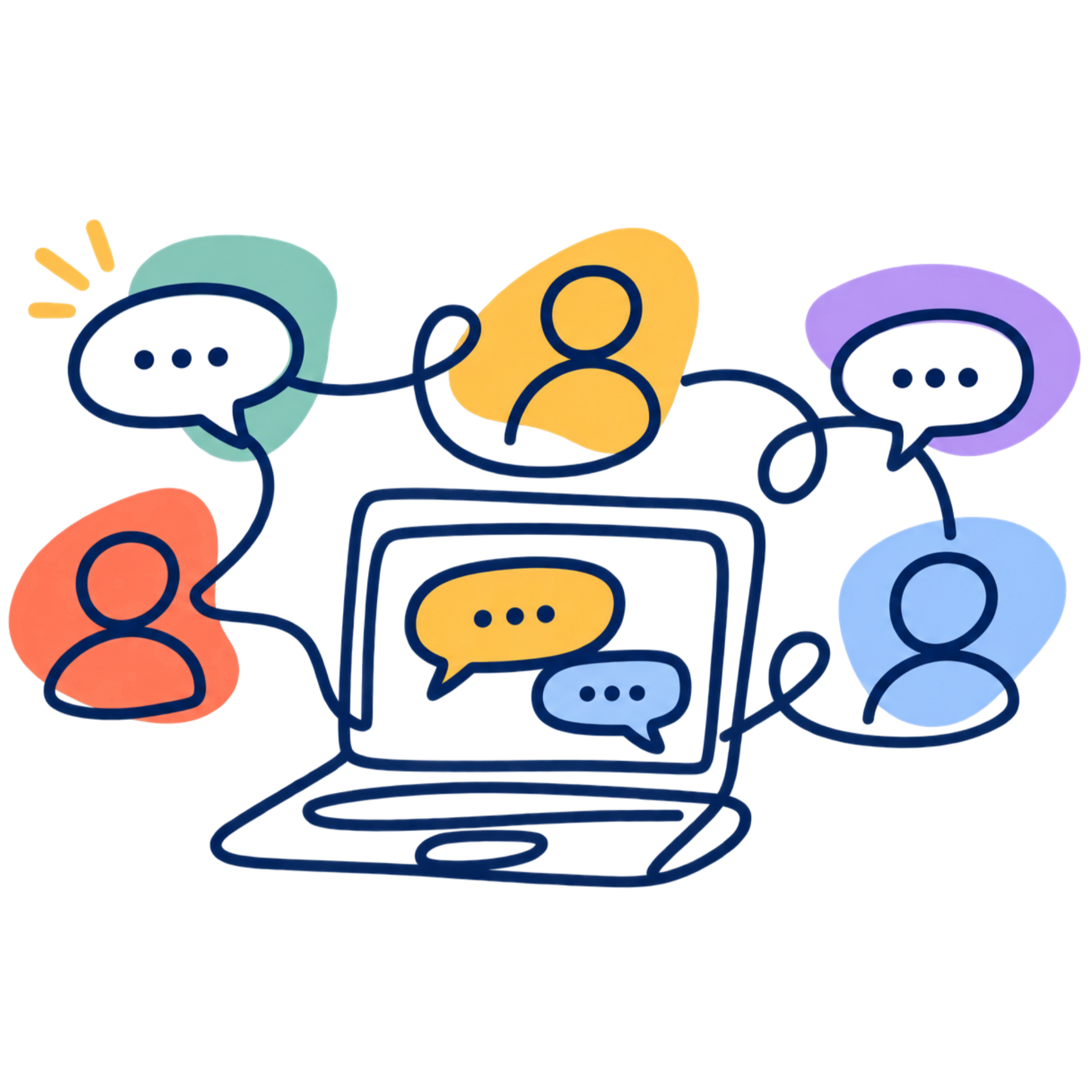 Colorful illustration of speech bubbles with silhouettes of people and icons representing conversation and social interaction.