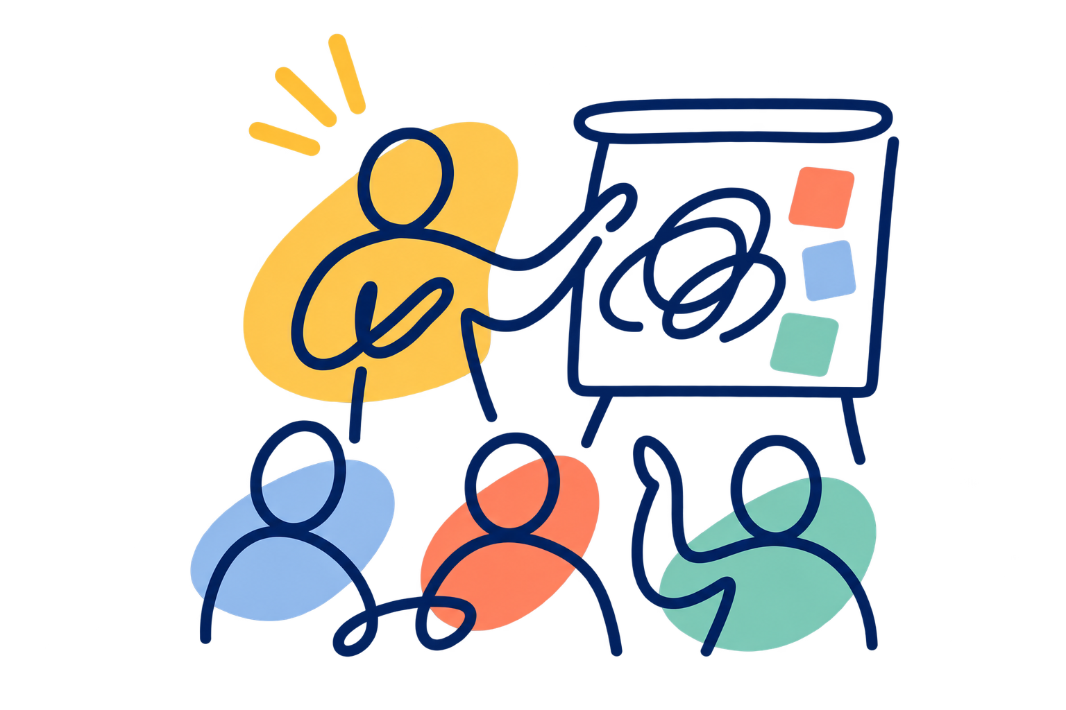 Abstract illustration of a person speaking to a group of three people using a microphone, with a speech bubble and colorful geometric shapes.