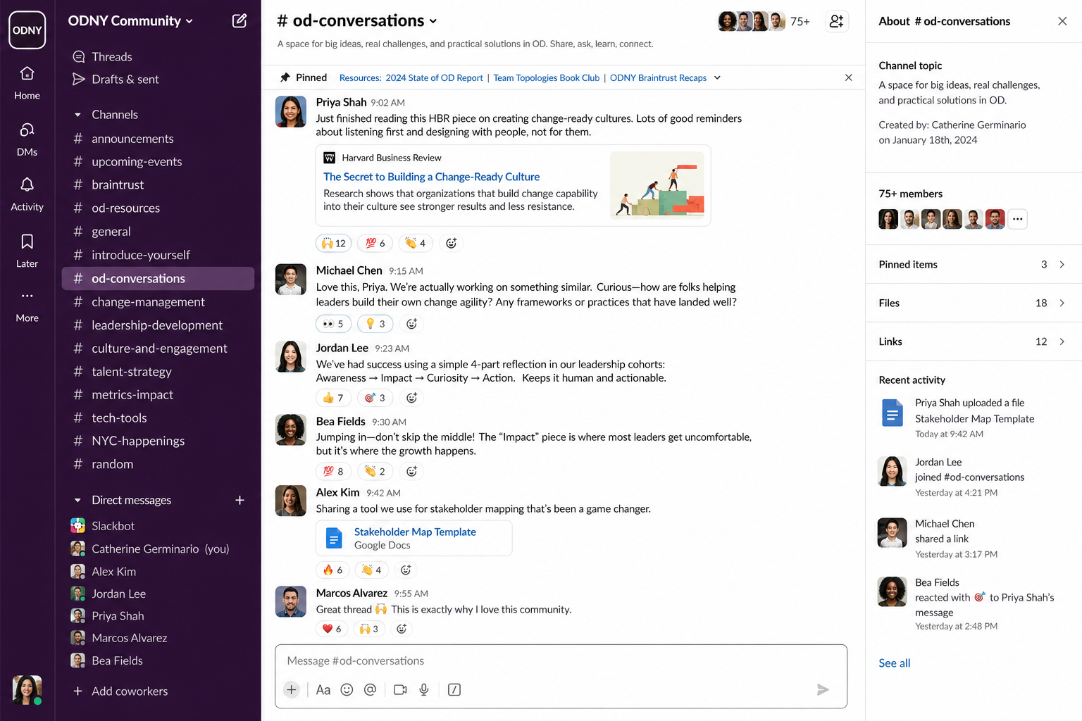 Screenshot of a Slack workspace showing a channel called #od-conversations with members and messages discussing leadership and change management topics.