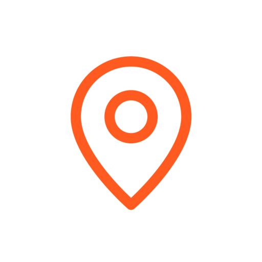 Orange location pin icon on a black background.
