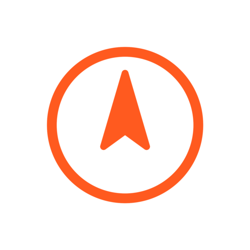 Navigation app icon featuring an orange arrow inside a circle on a black background
