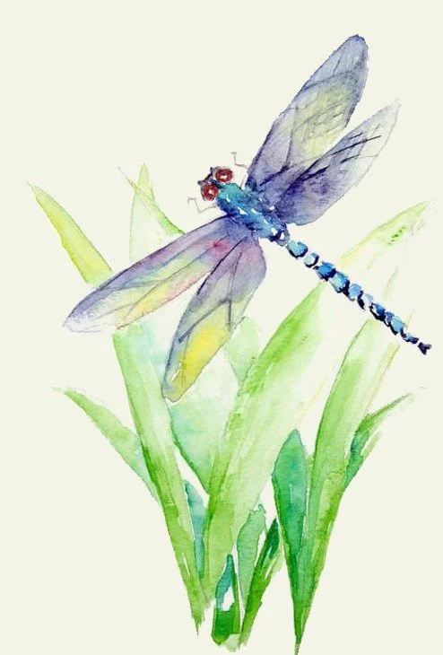 Watercolor painting of a blue dragonfly with red eyes perched on green grass.