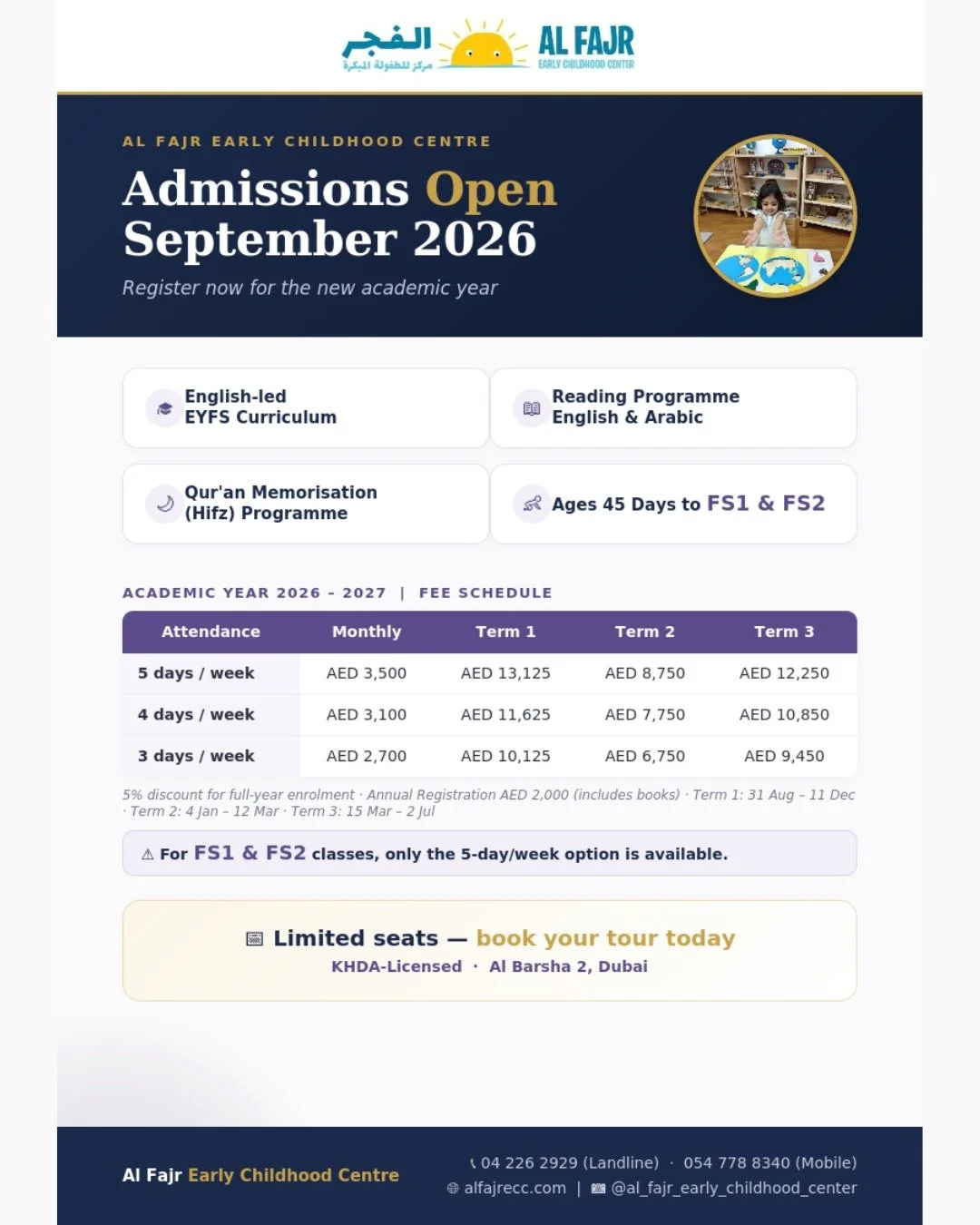 🌟 Admissions Open for September 2026! 🌟
Al Fajr Early Childhood Centre &mdash; Al Barsha 2, Dubai 📍
✅ English-led EYFS Curriculum
✅ Qur'an Memorisation (Hifz) Programme
✅ Reading Programme &ndash; English &amp; Arabic
✅ Ages 45 Days to FS1 &amp; F