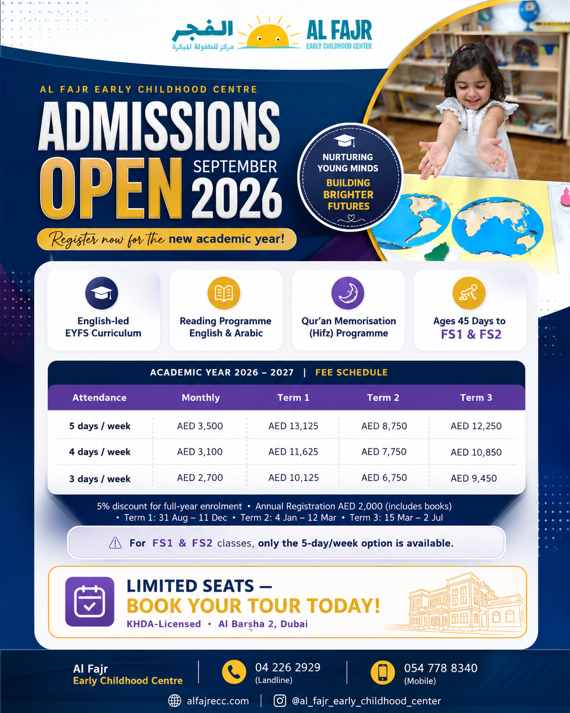 Al Fajr Early Childhood Center nursery admissions fee schedule Al Barsha Dubai