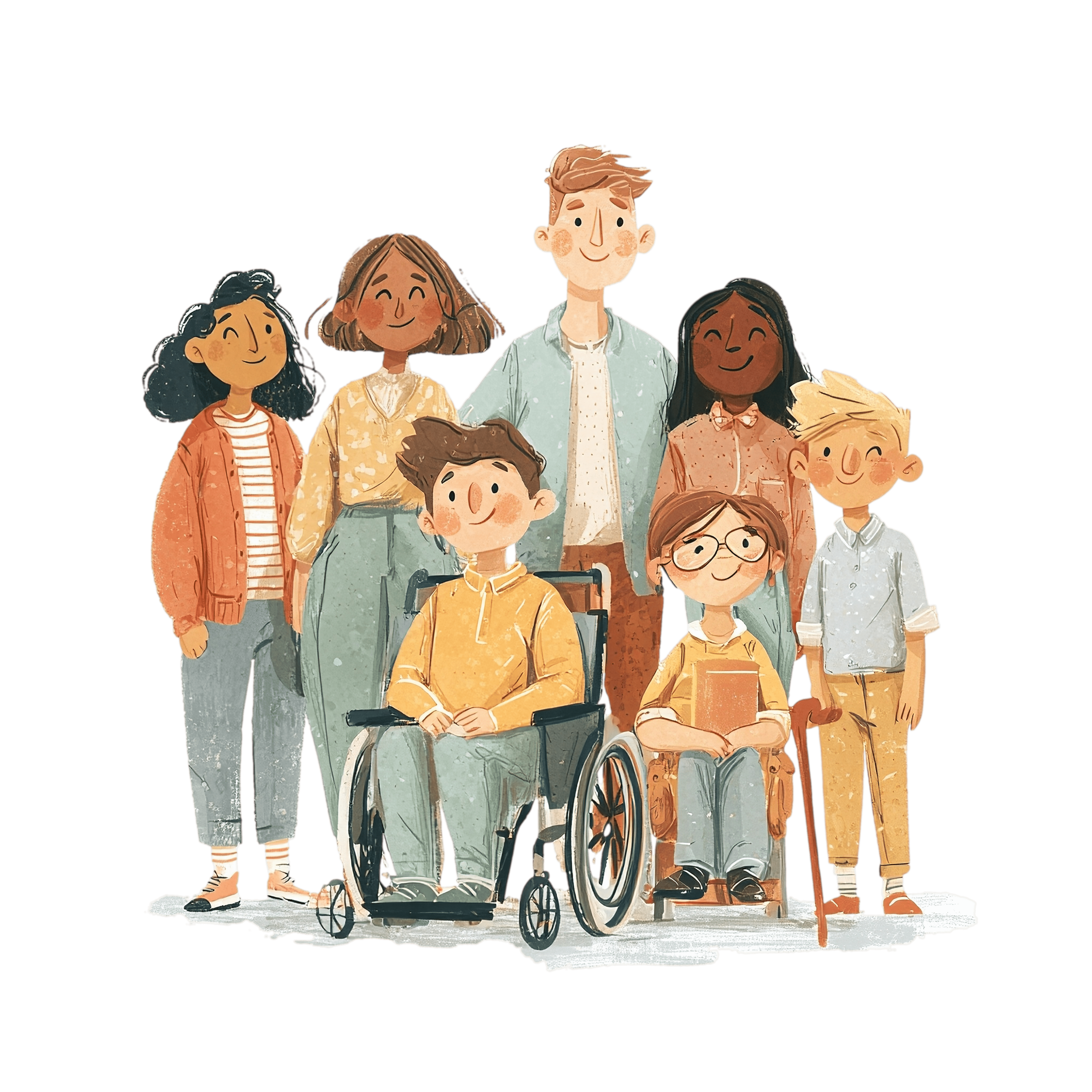 Diverse group of children and a young adult, some smiling, standing together outdoors. One child uses a wheelchair. They are dressed casually, and some hold objects like books or snacks.