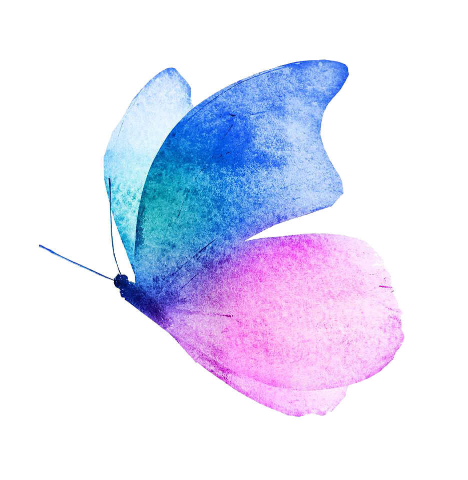 Watercolor-style illustration of a butterfly with blue and pink wings