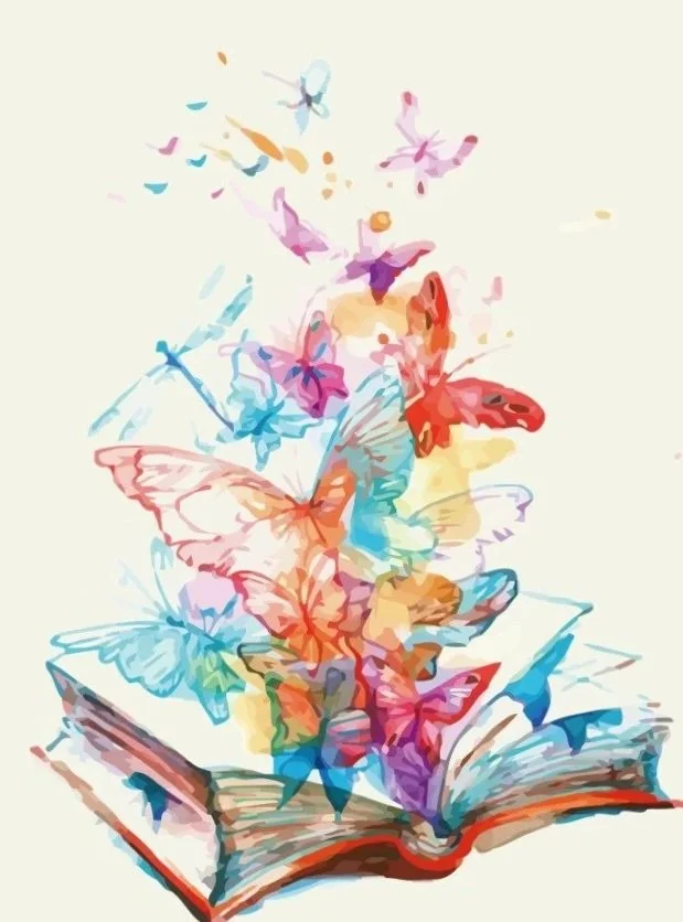 Illustration of an open book with colorful butterflies flying out and around it.