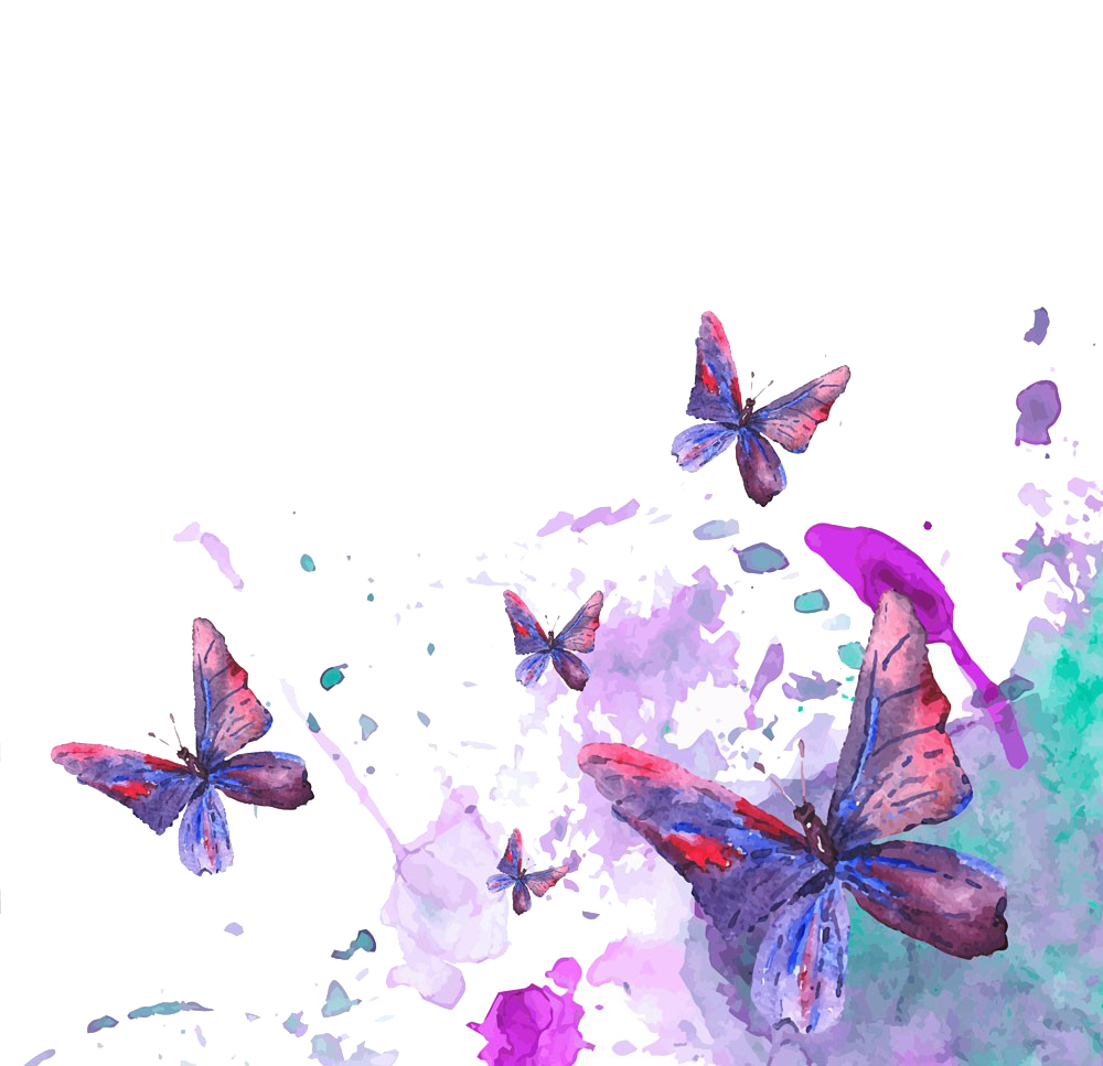 Watercolor illustration of purple and pink butterflies flying among pink and purple watercolor splashes.
