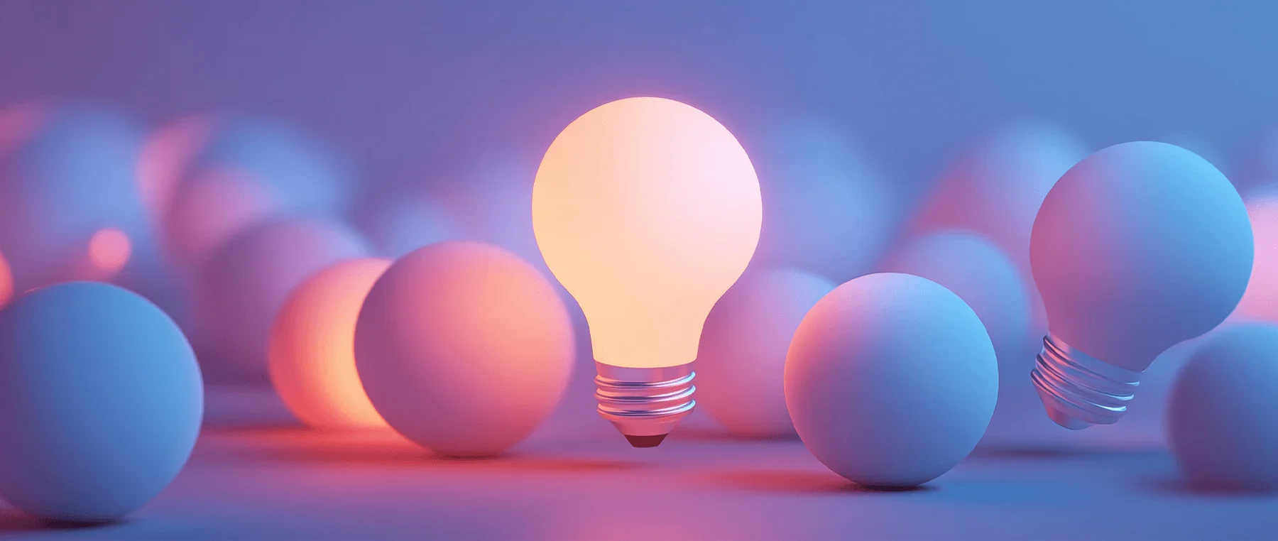 A glowing light bulb surrounded by white spherical objects with a pink and blue background.