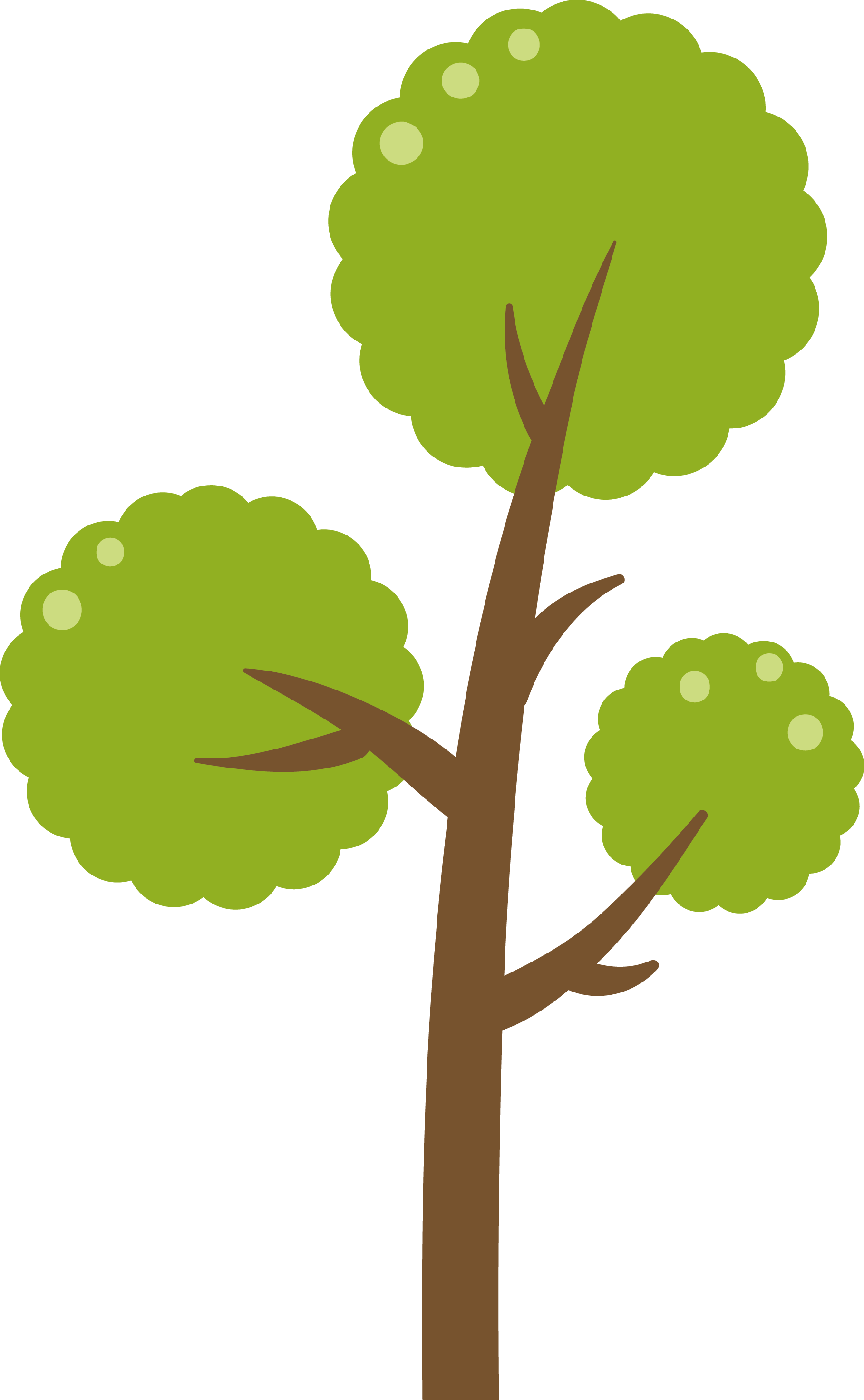 Illustration of a tree with a brown trunk and green foliage, with three large leafy clusters and lighter green circular highlights on the leaves.
