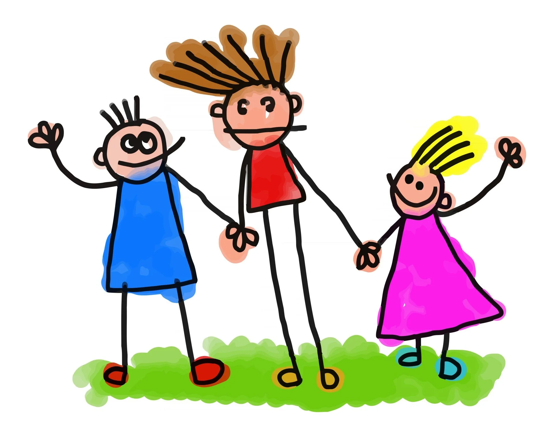 A colorful children's drawing showing three kids holding hands and standing on green grass, with a white background.