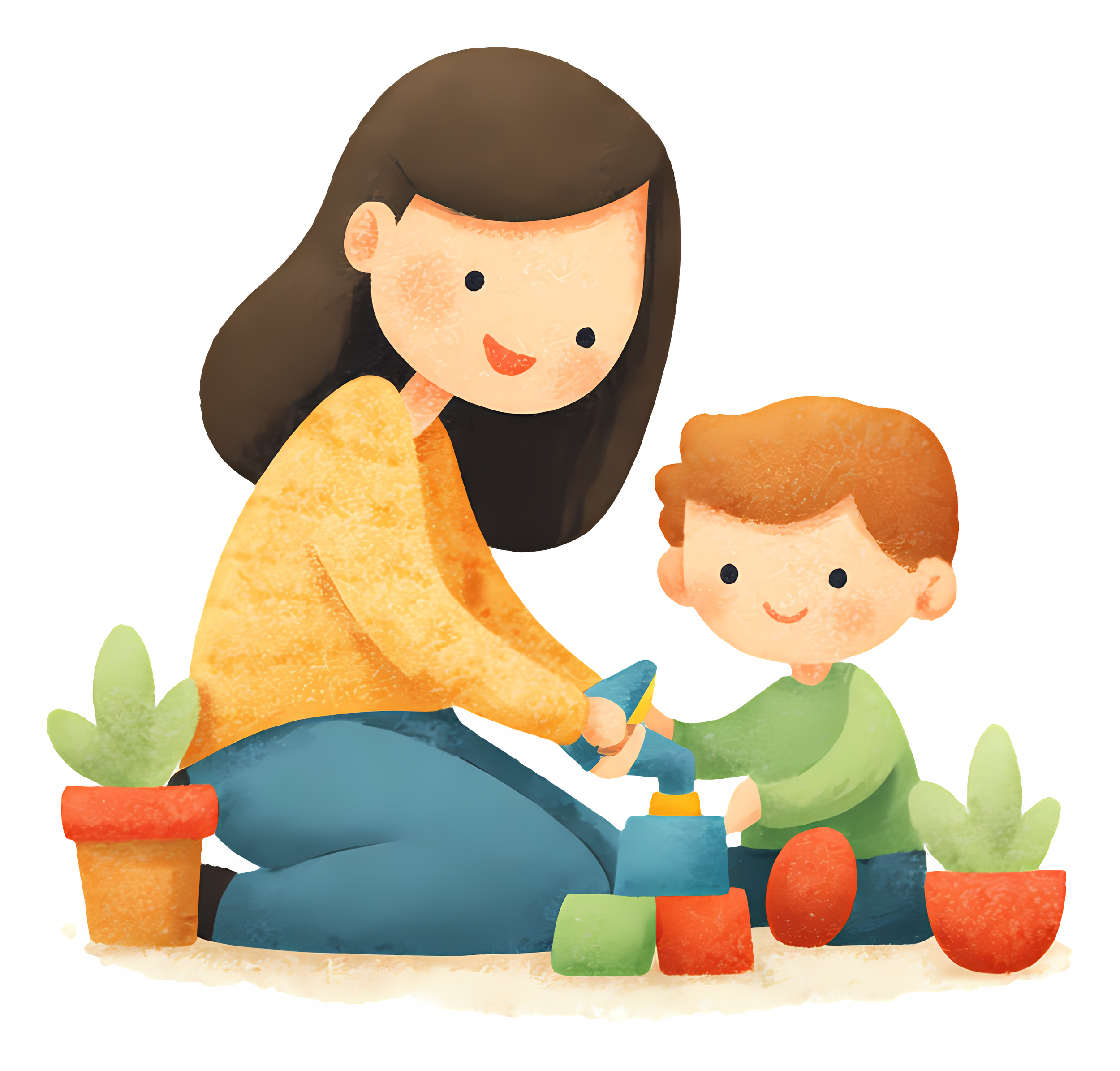 A digital illustration of a woman with long dark hair, holding a child. The woman is smiling, and the child has a happy expression. The image features bright, pastel colors and a textured, painterly style.
