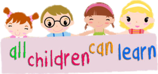 Four happy children holding a sign that says 'all children can learn' in colorful letters.