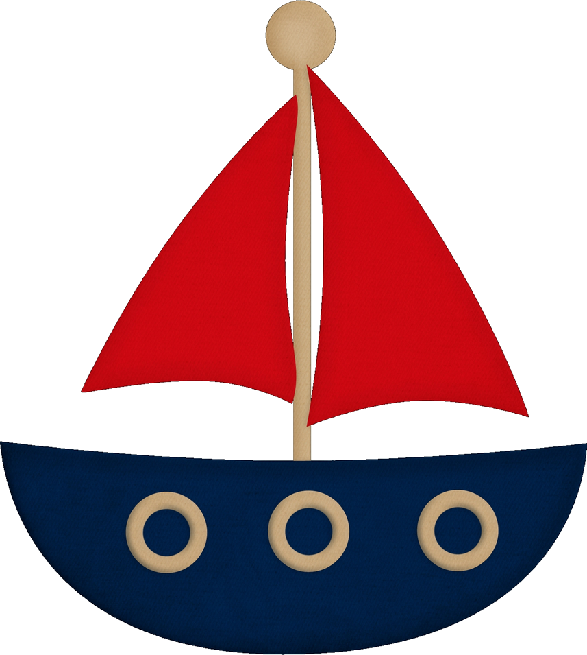 Toy sailboat with a navy blue hull, three beige portholes, a beige mast, and red sails.