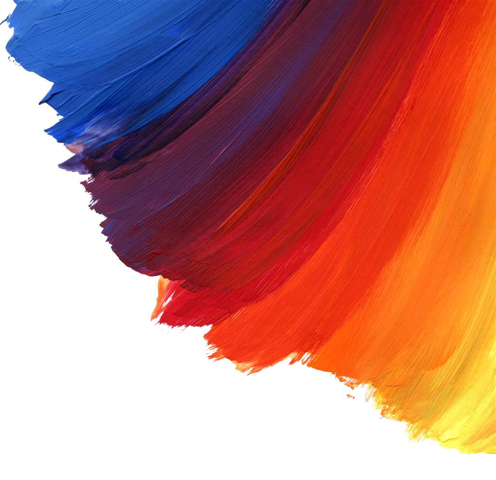 Abstract colorful brush strokes in shades of blue, purple, red, orange, and yellow on a light background.