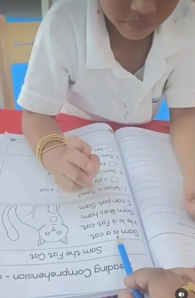 A child is writing in a workbook with a blue pen; the workbook contains reading exercises with a drawing of a cat.