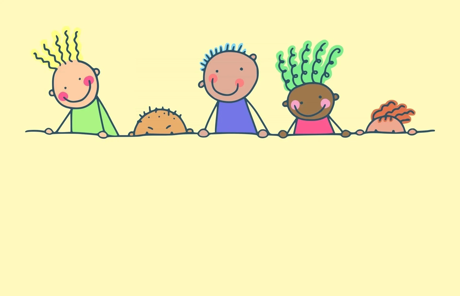 Colorful cartoon children smiling and holding onto a yellow surface, each with different hairstyles and skin tones.