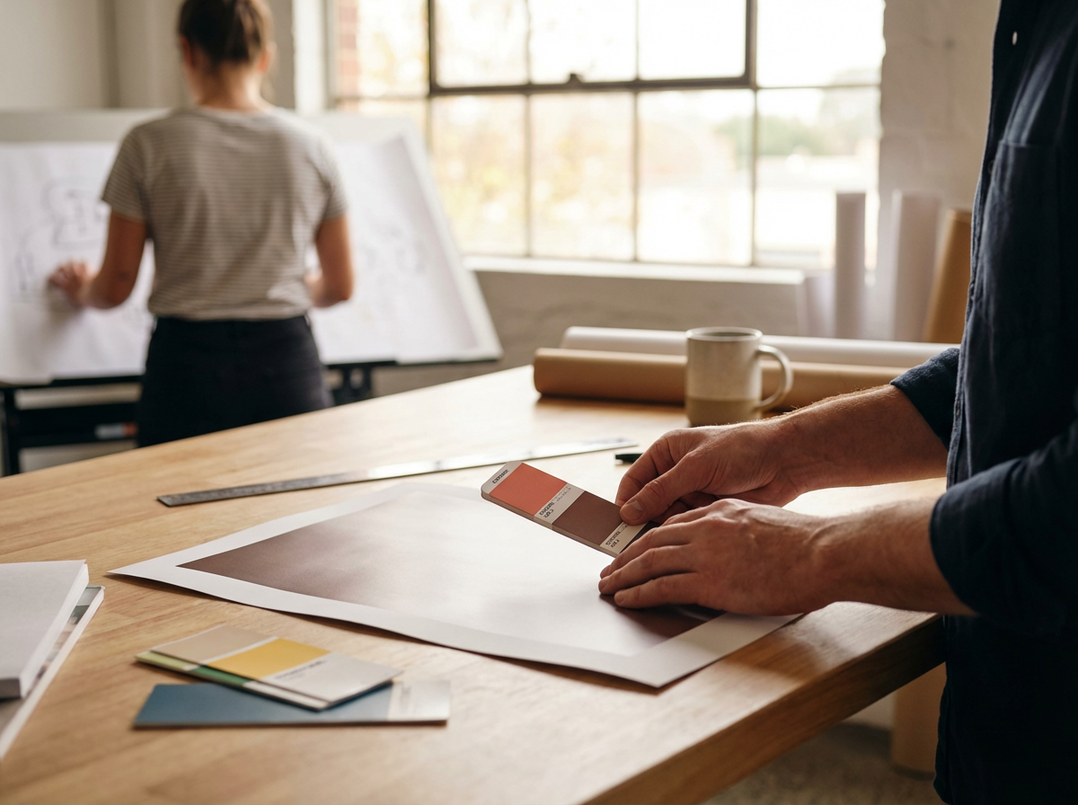 A person holding color swatches in a design studio with a woman presenting sketches in the background.