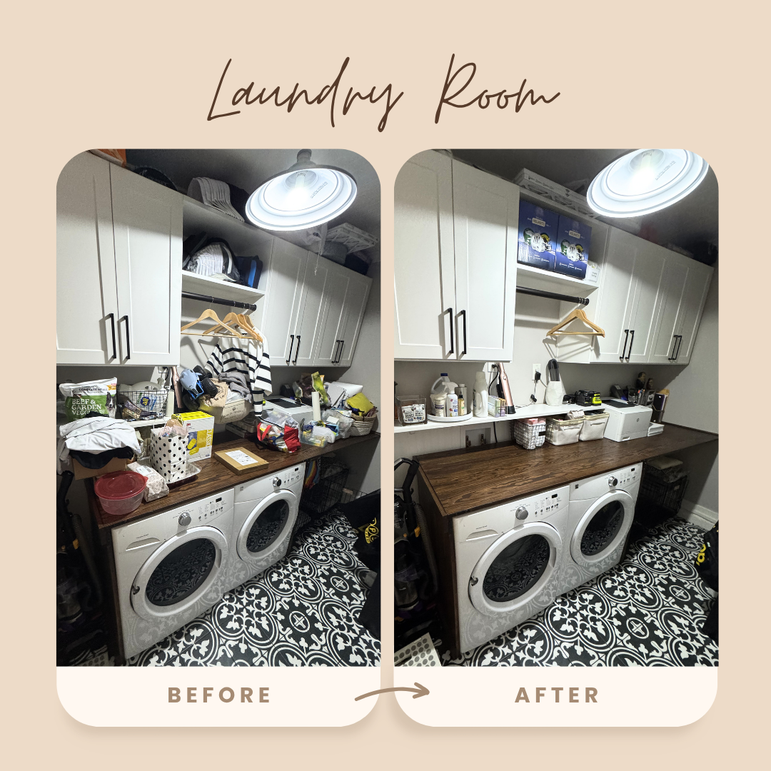 Side-by-side comparison of a laundry room before and after cleaning. The 'before' shows a cluttered surface with laundry items and supplies, while the 'after' depicts a tidy area with organized items and a clean surface.