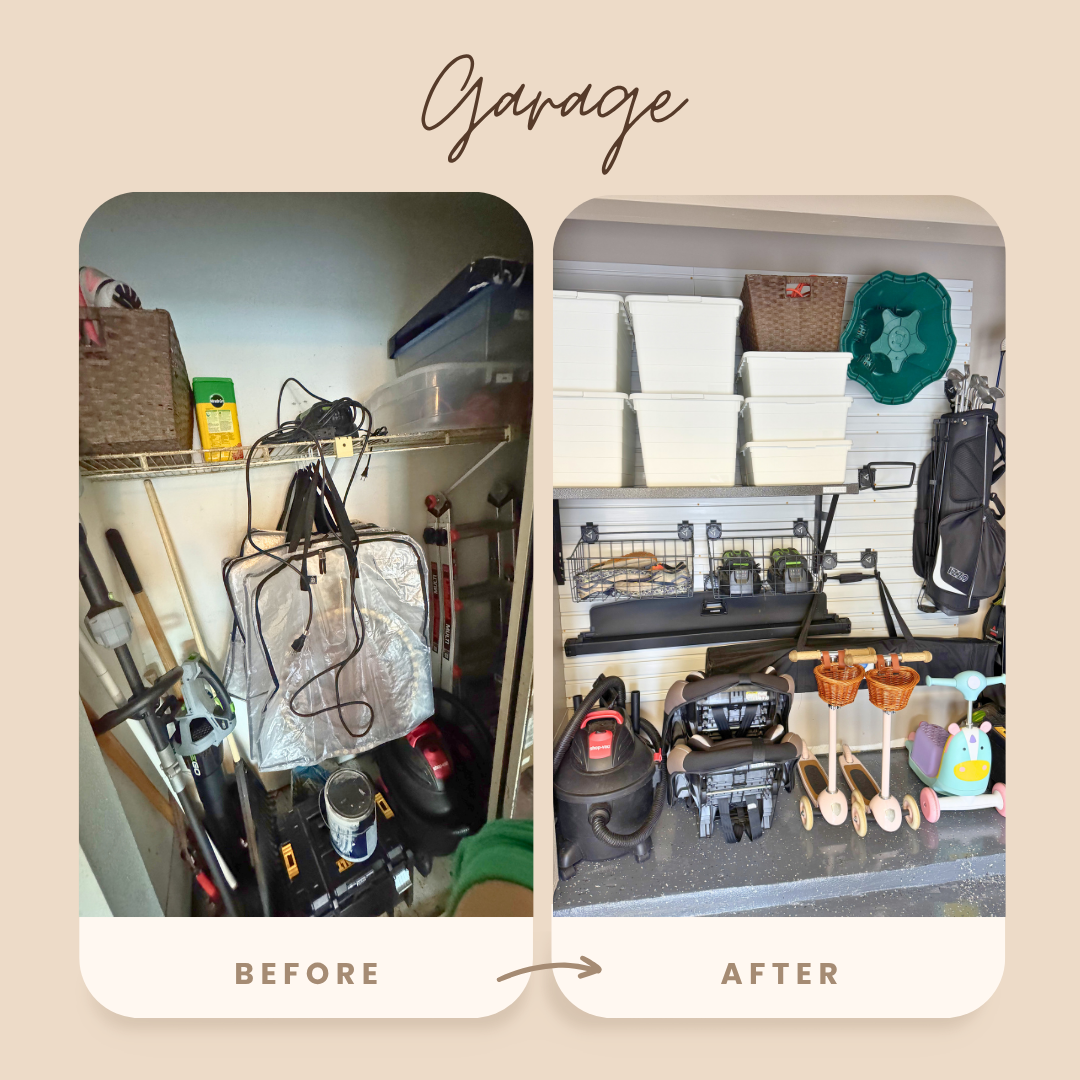 Side-by-side comparison of a garage before and after organization, showing cluttered storage area in the left image and neatly arranged containers, toys, and tools in the right image.