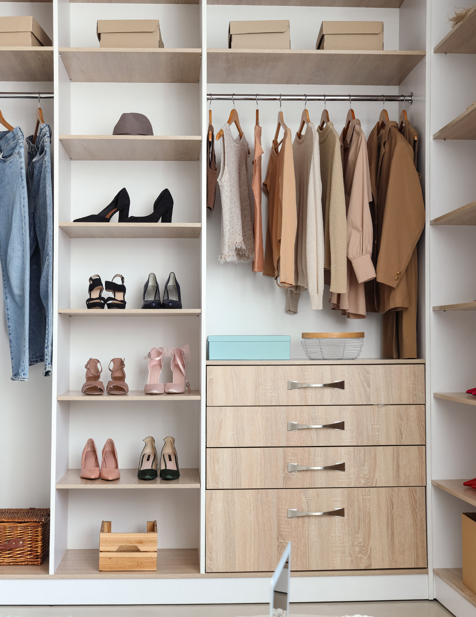 A neatly organized closet with shoes on shelves, hanging clothes including tops and coats, and storage boxes on upper shelves.